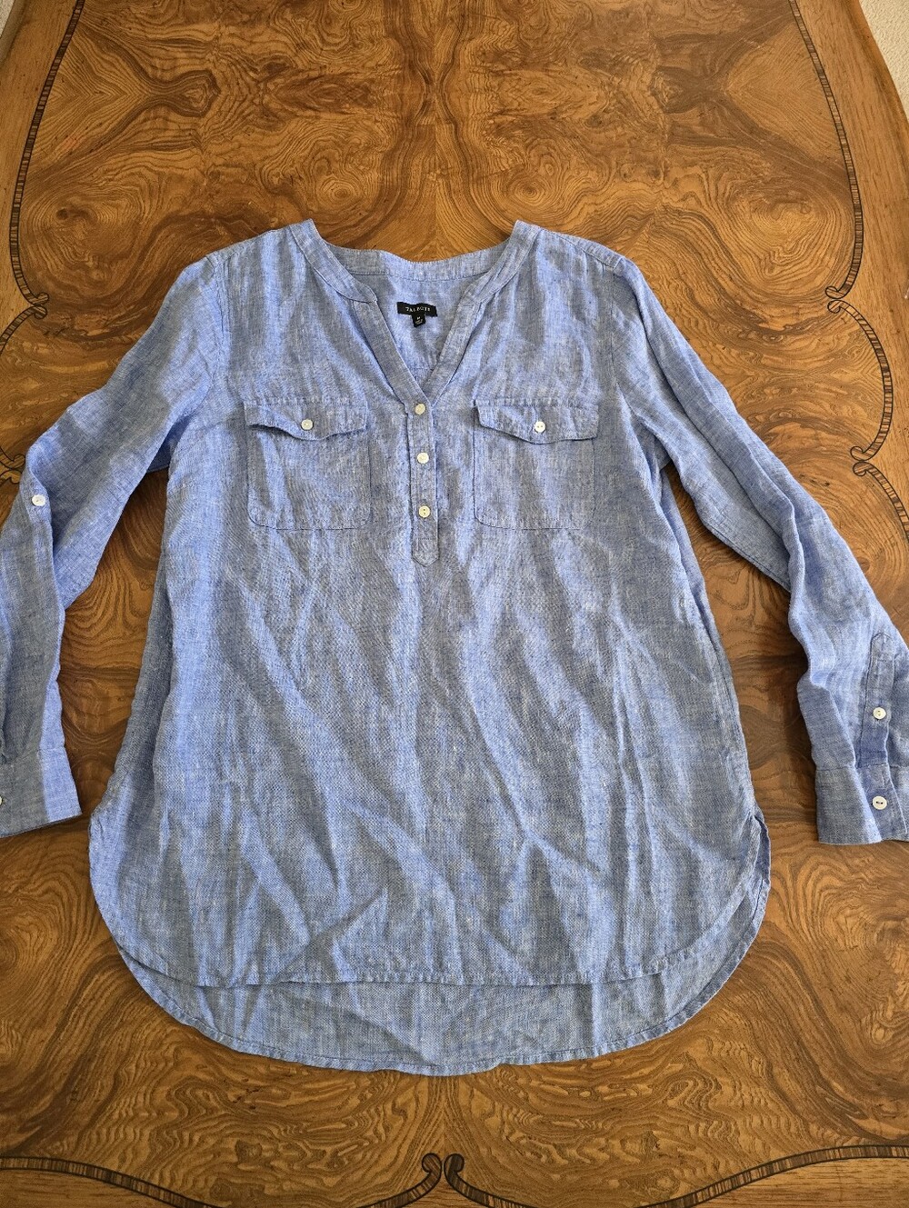 Talbots Women's Blue 100% Linen Long Sleeve Button-Front Popover Shirt size M